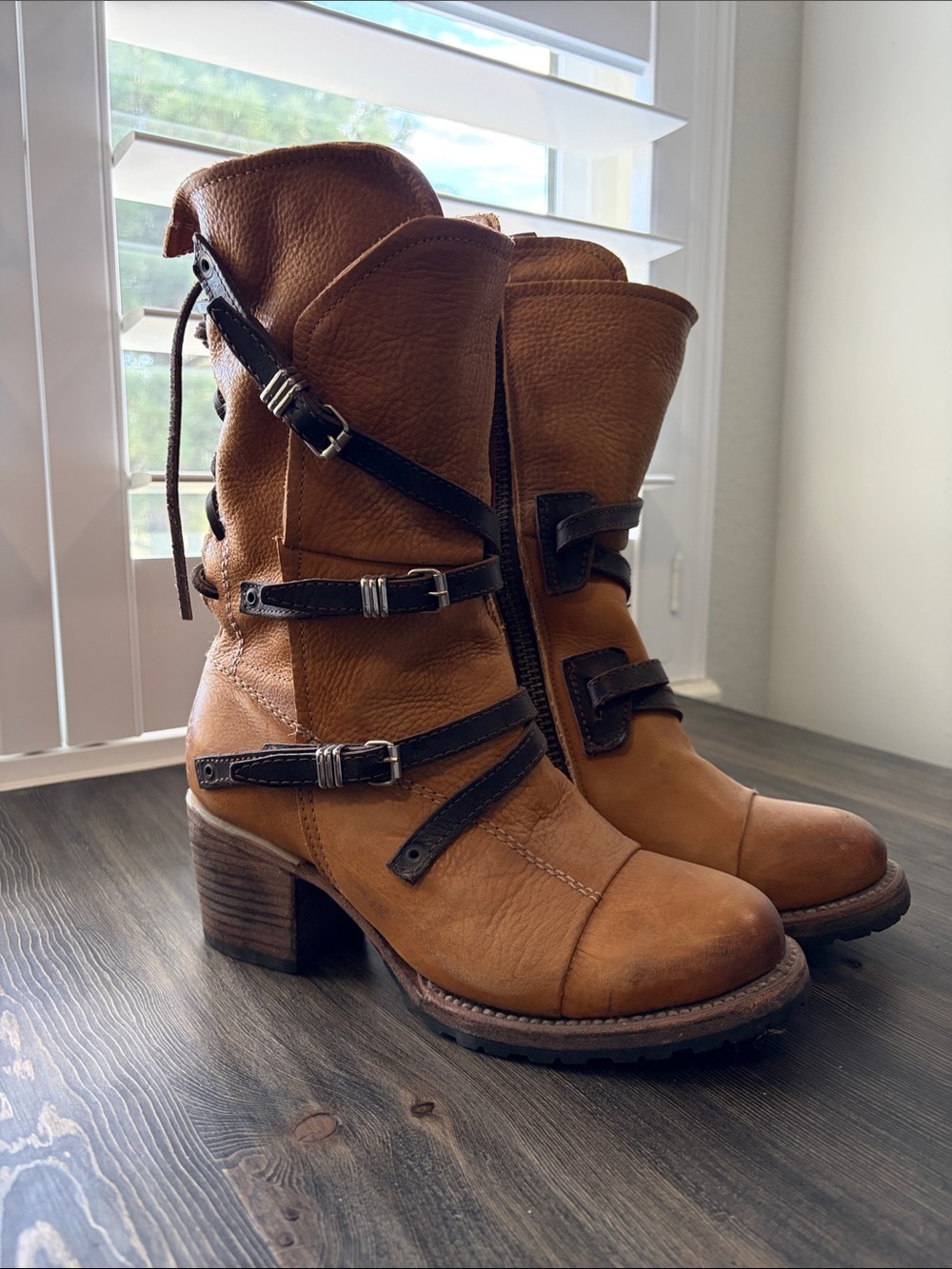 Freebird by Steven Brown Cora Tan Leather Mid-Calf Buckle Heeled Boots